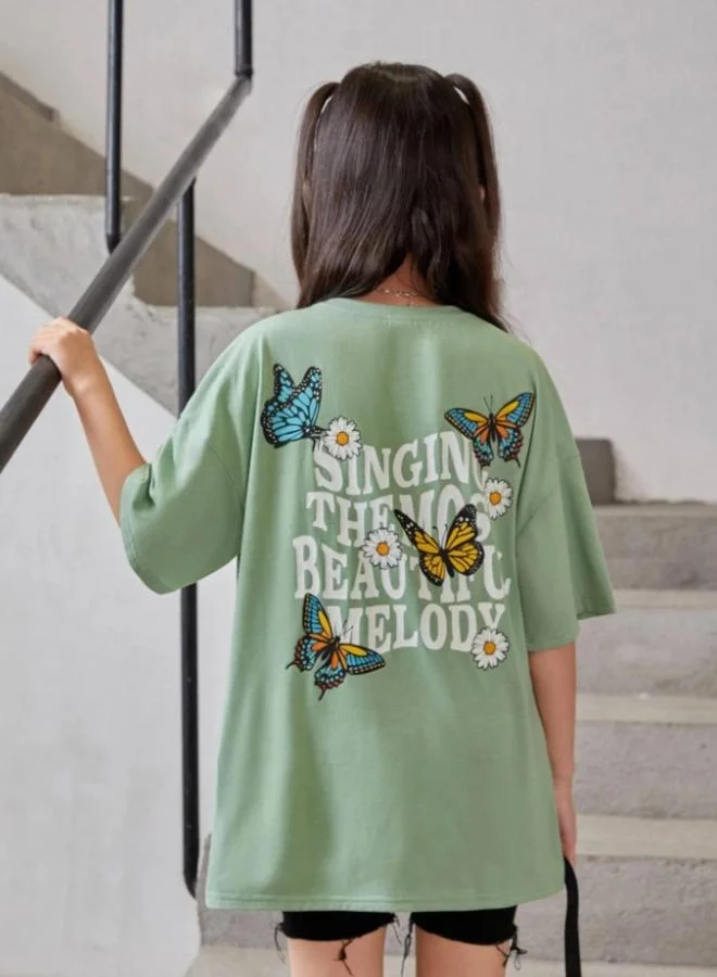 Take Two Girls Green Graphic Oversized T-Shirt