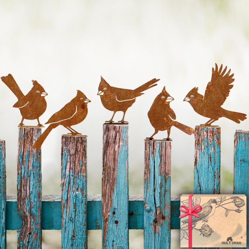 OULYDEKO 5PCS Rusty Birds Decoration, Garden Decor Spring Decorations Outdoor, Metal Birds Yard Decor Perfect Yard Art and Large Outdoor Ornaments, Cardinal Giftsï¼ŒMetal Bird Silhouette Statues - Image 1