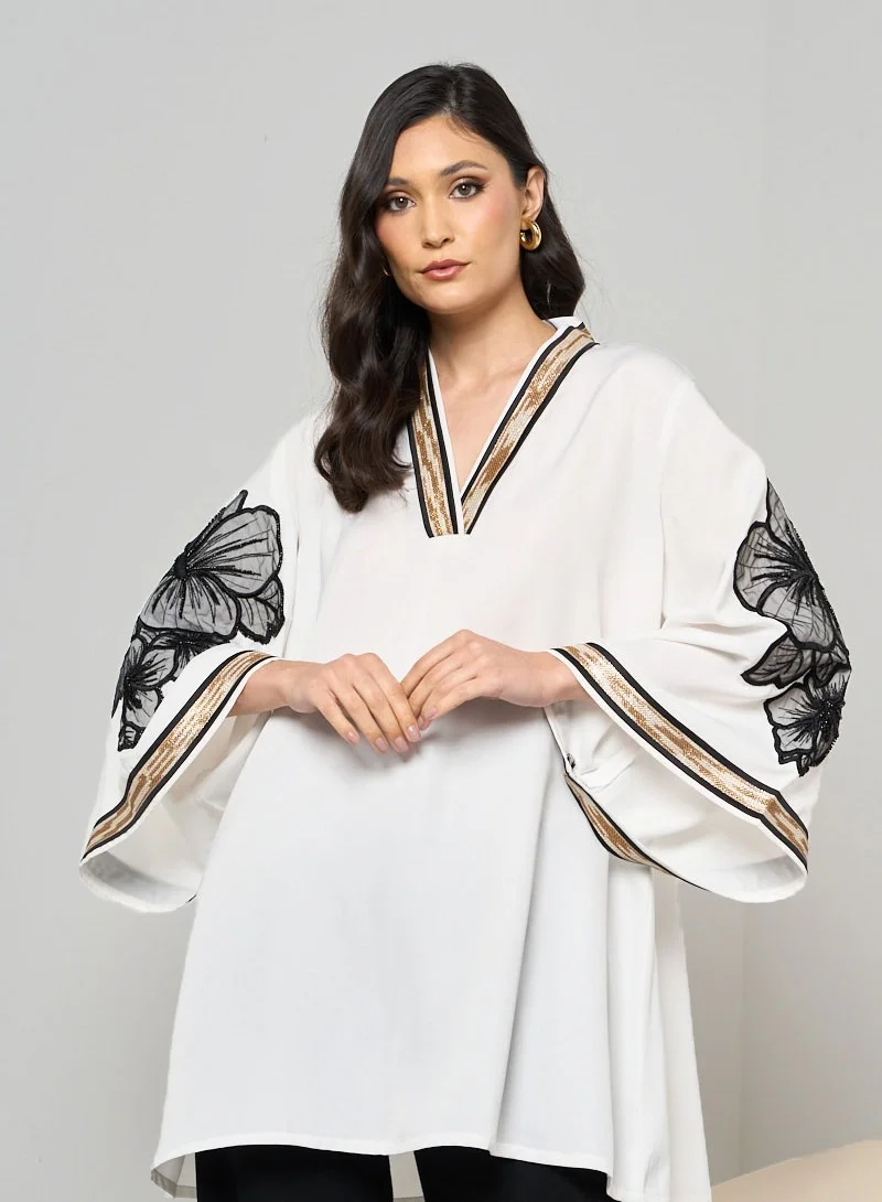 Couturelabs White Short Kaftan with Black Flower Embroidery