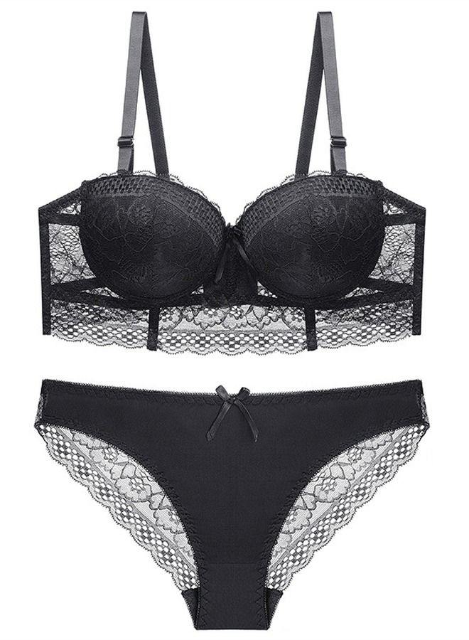 Solid Color B C Cup Thin Cup Lace Bra Panty Set Women's Underwear Black