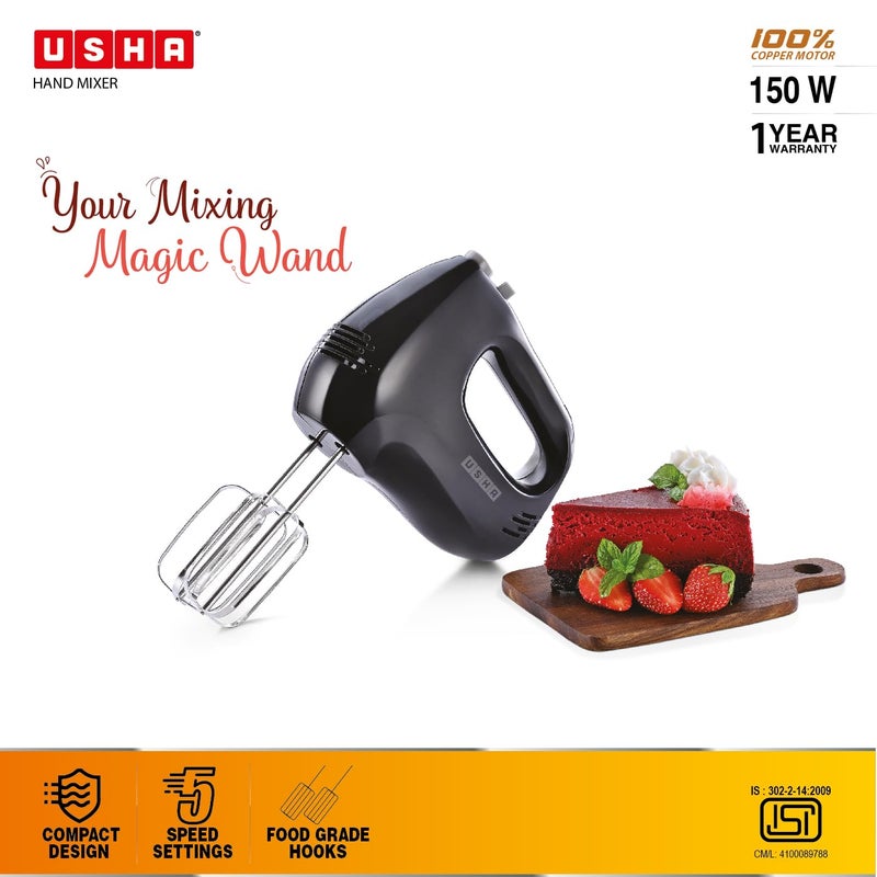 Usha Hand Mixer 150 Watt | Light Weight | 5 Speed Setting | Food-Grade Stainless Steel Hooks | Compact Design | Easy One-push Ejection Hooks | Overload Fuse Protection (Black) - Image 2