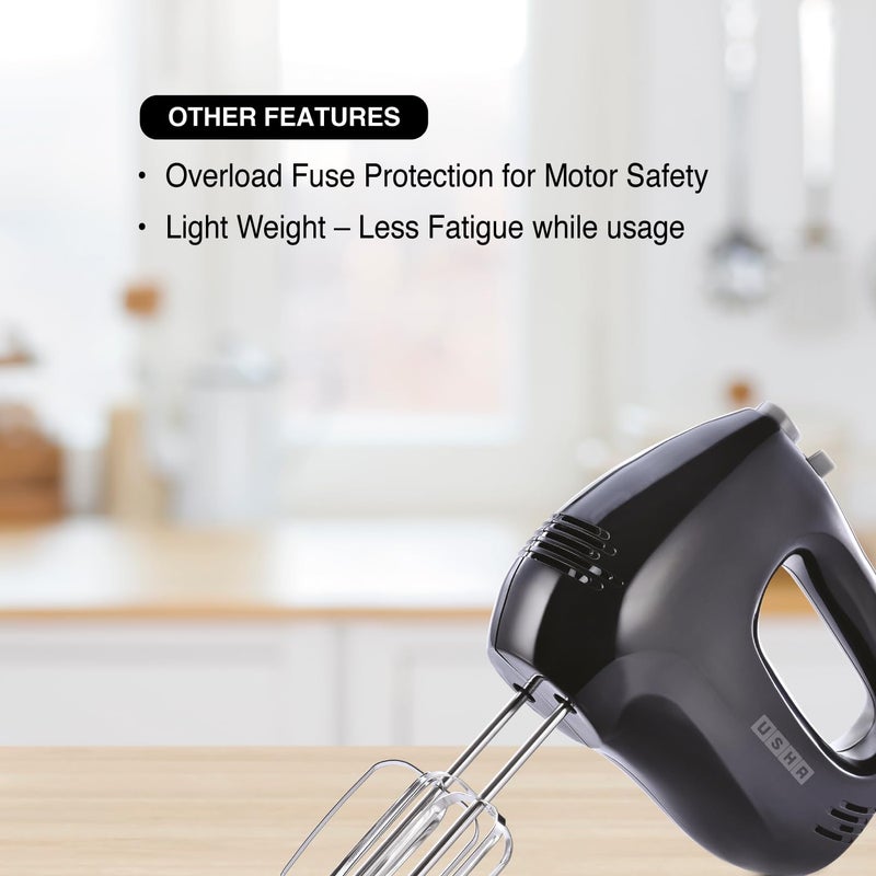 Usha Hand Mixer 150 Watt | Light Weight | 5 Speed Setting | Food-Grade Stainless Steel Hooks | Compact Design | Easy One-push Ejection Hooks | Overload Fuse Protection (Black) - Image 3
