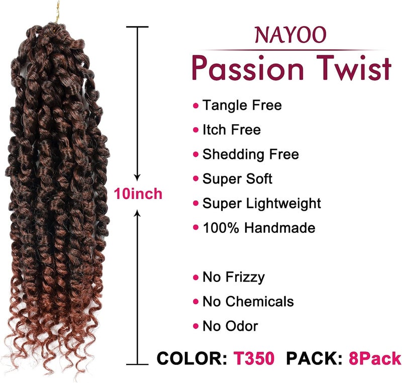 NAYOO Passion Twist Hair - 8 Packs 10 Inch Passion Twist Crochet Hair For Women, Crochet Pretwisted Curly Hair Passion Twists Synthetic Braiding Hair Extensions (10 Inch 8 Packs, T350) - Image 2