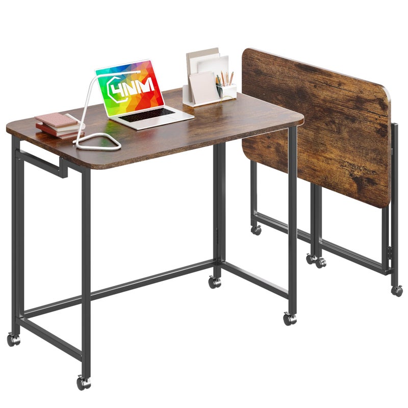 4NM 31.5" Mobile Small Rolling Computer Desk, Folding Laptop Cart Table with Wheels, Portable Office Desk for Small Space Couch Bed - Rustic Brown and Black - Image 1