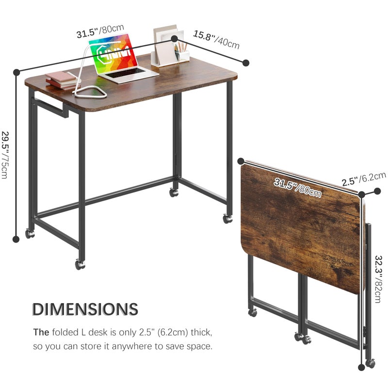 4NM 31.5" Mobile Small Rolling Computer Desk, Folding Laptop Cart Table with Wheels, Portable Office Desk for Small Space Couch Bed - Rustic Brown and Black - Image 5