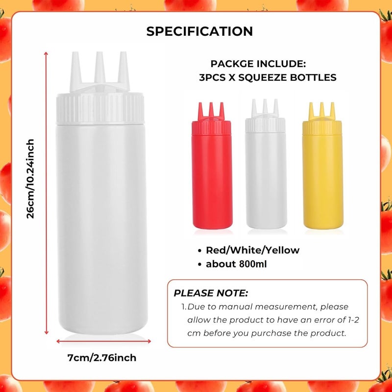 PUTHAK UnequeTrend Seasoning Squeeze Bottles 3 Hole Ketchup Mustard Dressing Squeeze Squirt Bottles Salad Sauce Condiment Cream Squeeze Bottles for Kitchen Restaurant Bakery 800ml Multicolor 3pcs - Image 2