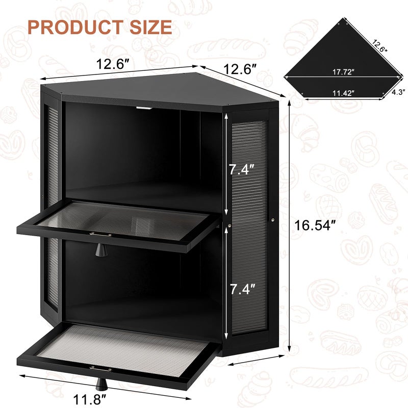 WOWLIVE Corner Bread Box for Kitchen Countertop, Double Layer Bamboo Bread Storage Container, Large Farmhouse Bread box with Acrylic Wavy Door Panel, Under Cabinet Organizer (Black, Extra Large) - Image 3