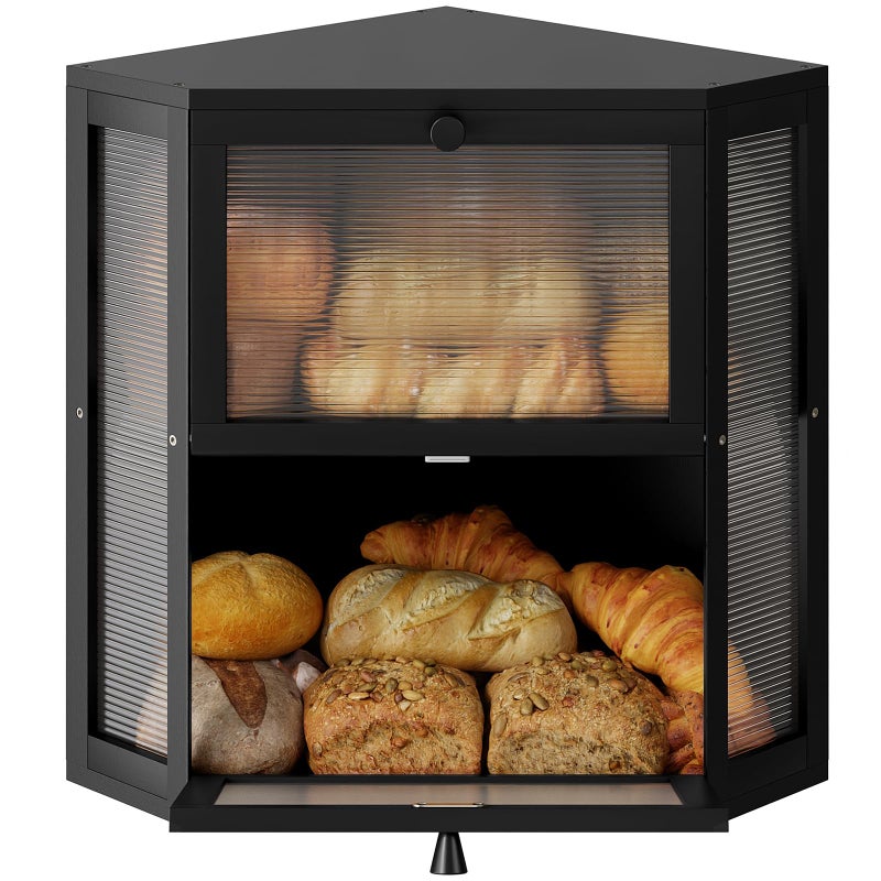 WOWLIVE Corner Bread Box for Kitchen Countertop, Double Layer Bamboo Bread Storage Container, Large Farmhouse Bread box with Acrylic Wavy Door Panel, Under Cabinet Organizer (Black, Extra Large) - Image 1