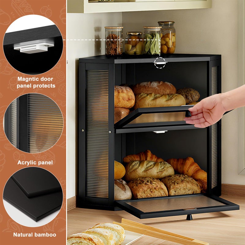 WOWLIVE Corner Bread Box for Kitchen Countertop, Double Layer Bamboo Bread Storage Container, Large Farmhouse Bread box with Acrylic Wavy Door Panel, Under Cabinet Organizer (Black, Extra Large) - Image 4