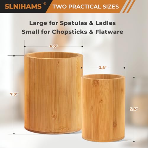 SLNIHAMS Bamboo Utensil Holder, 7.3"+5.4" Set of 2 Utensil Holders for Kitchen Counter, Bamboo Spoon and Chopstick Organizer, Flatware, Spatula & Silverware Storage Containers, for Countertop & Pantry - Image 2