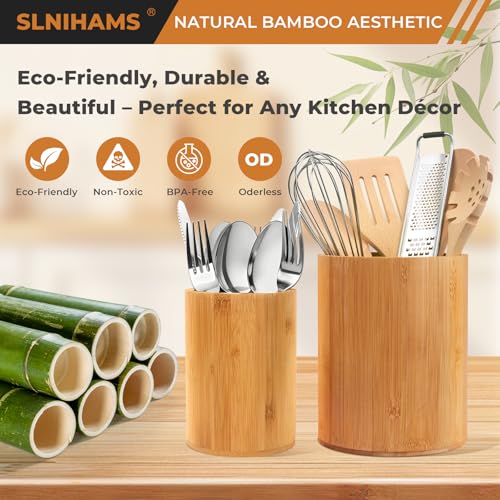 SLNIHAMS Bamboo Utensil Holder, 7.3"+5.4" Set of 2 Utensil Holders for Kitchen Counter, Bamboo Spoon and Chopstick Organizer, Flatware, Spatula & Silverware Storage Containers, for Countertop & Pantry - Image 4