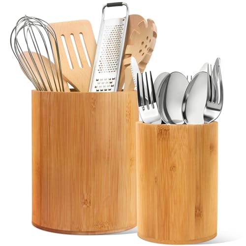 SLNIHAMS Bamboo Utensil Holder, 7.3"+5.4" Set of 2 Utensil Holders for Kitchen Counter, Bamboo Spoon and Chopstick Organizer, Flatware, Spatula & Silverware Storage Containers, for Countertop & Pantry - Image 1