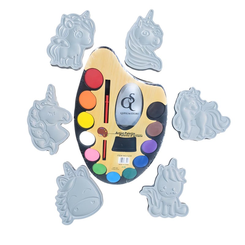 Gypsum Shapes for Coloring -12-Color Watercolor Palette + Bonus Brush, A Complete Art Set Alternative to Screens Develop Children's Skills Through Joyful Activity. (6- Unicrn Little Pony)