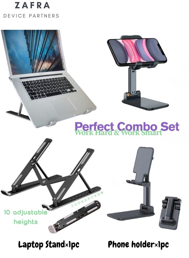 ZAFRA 2-Pack Set: 10-Level Laptop Stand & Lift-Up Phone Holder - Foldable Dual Desktop Stand with Cooling Vents/Anti-Slip Base for Home Office  - Image 1