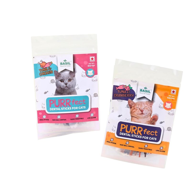 BASIL Purrfect Cat Dental Sticks Combo Pack | Tuna Cranberry & Tuna Chicken | Treats for Adult Cats | Oral Hygiene, Hairball Control, Easy Digestion & Healthier Coat | 44g Pack of 1 Each - Image 1