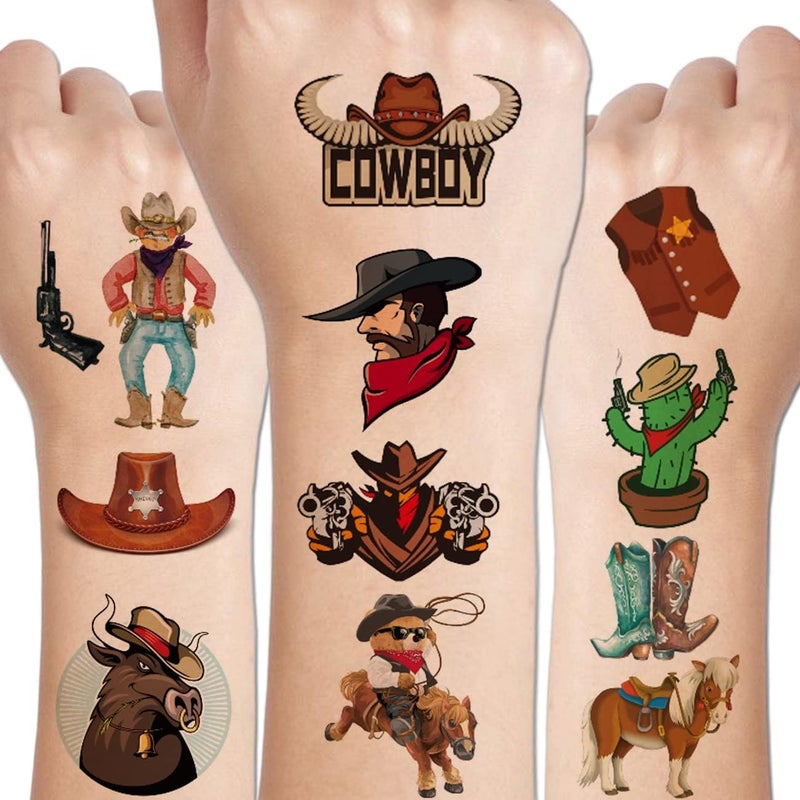 Cowboy Temporary Tattoos for Kids 100 PCS Western Cowboy Temporary Tattoos for Boys Birthday Party Favors Goodie Bag Fillers