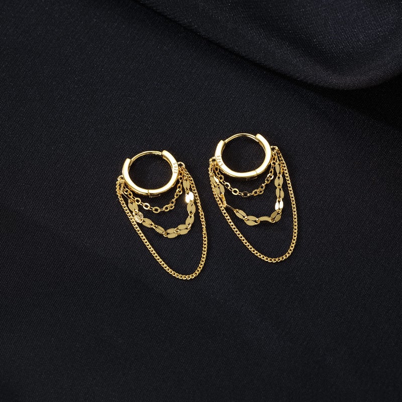 Reffeer Solid 925 Sterling Silver Chain Drop Earrings Hoop for Women Teen Girls Hoop Earrings Tassel Chain Huggie Dangle Earrings (B-18K Gold Plated) - Image 5