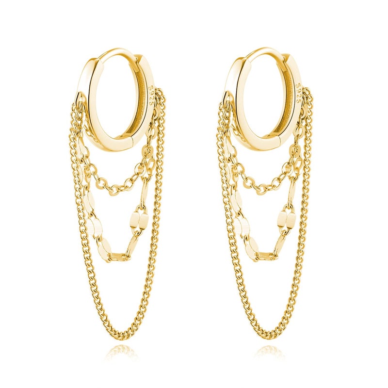 Reffeer Solid 925 Sterling Silver Chain Drop Earrings Hoop for Women Teen Girls Hoop Earrings Tassel Chain Huggie Dangle Earrings (B-18K Gold Plated) - Image 1