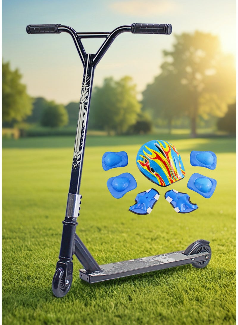 إيزي فيتشور سكوتر EASY FUTURE ذو عجلتين، مصنوع من الألومنيوم، مزود بشريط لاصق مانع للانزلاق، مثالي للحركات البهلوانية، عجلات ألومنيوم 110 مم، مقود عريض على شكل حرف T، فرامل فولاذية، خفيف الوزن، مناسب للحركات البهلوانية بزاوية 360 درجة، مناسب للمبتدئين والمتوسطين، يتضمن مجموعة كاملة من معدات الحماية. - Image 4