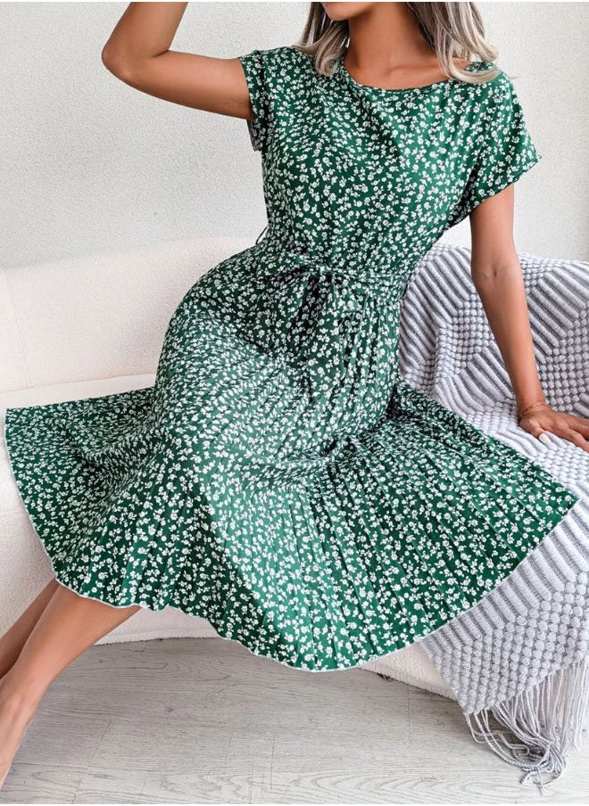 Tepveisoy Women's Summer Round Neck Casual Fashion Printed Pullover Dress Short-Sleeved Floral Pleated Skirt dress  - Image 2