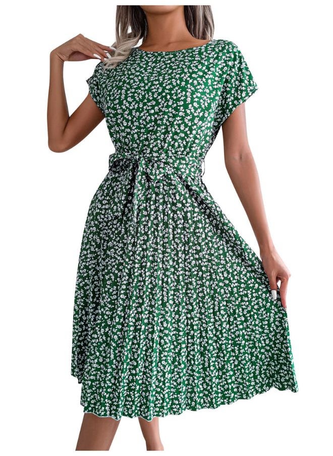 Tepveisoy Women's Summer Round Neck Casual Fashion Printed Pullover Dress Short-Sleeved Floral Pleated Skirt dress  - Image 1