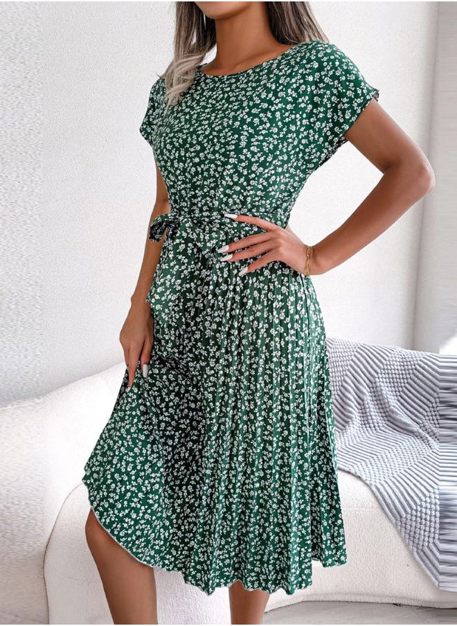 Tepveisoy Women's Summer Round Neck Casual Fashion Printed Pullover Dress Short-Sleeved Floral Pleated Skirt dress  - Image 3