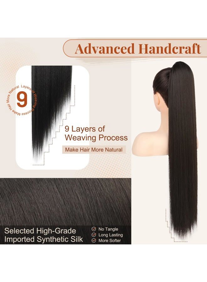 Flufymooz ponytail extension, 30 Inch Long Straight Drawstring Ponytail Synthetic Hairpieces Fake Pony Tails Natural Soft Clip in Hair Extension ponytail for Women (Black Brown) - Image 4