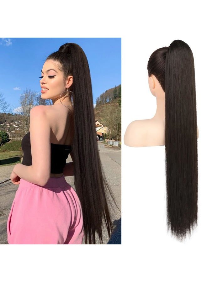 Flufymooz ponytail extension, 30 Inch Long Straight Drawstring Ponytail Synthetic Hairpieces Fake Pony Tails Natural Soft Clip in Hair Extension ponytail for Women (Black Brown) - Image 1