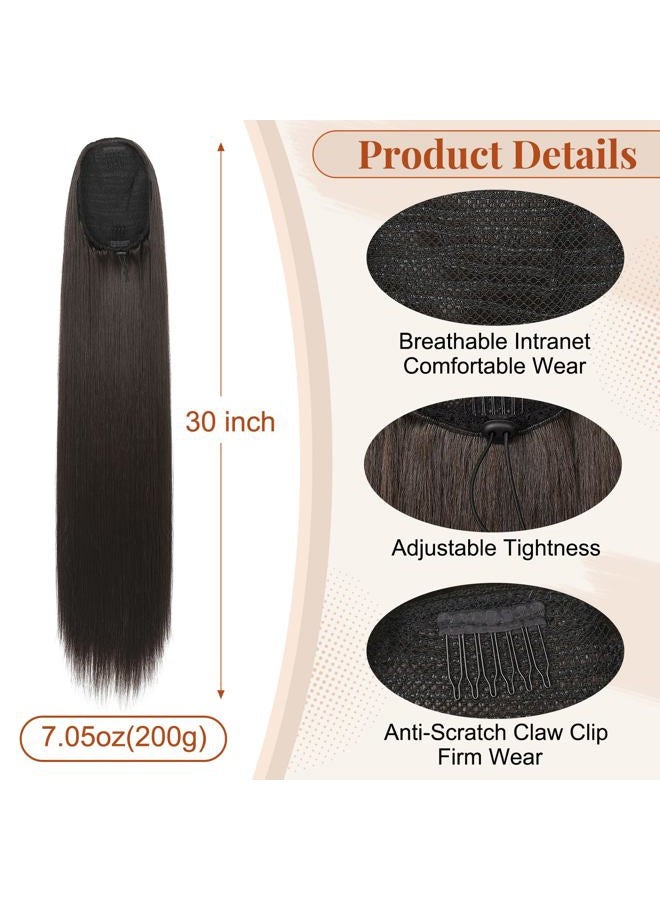 Flufymooz ponytail extension, 30 Inch Long Straight Drawstring Ponytail Synthetic Hairpieces Fake Pony Tails Natural Soft Clip in Hair Extension ponytail for Women (Black Brown) - Image 3