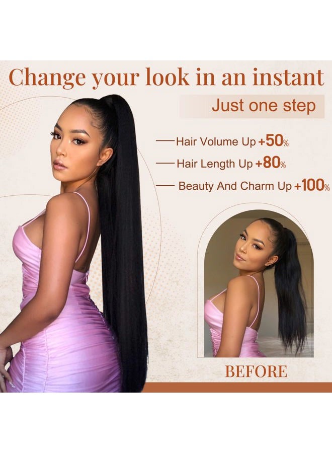 Flufymooz ponytail extension, 30 Inch Long Straight Drawstring Ponytail Synthetic Hairpieces Fake Pony Tails Natural Soft Clip in Hair Extension ponytail for Women (Black Brown) - Image 5
