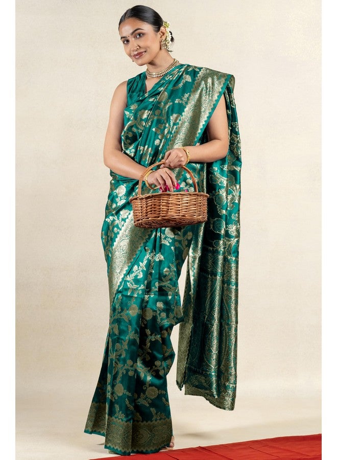 Subham Women's Silk Cotton Kanjivaram Soft Saree with Blouse Piece | Jacquard Design Banarasi Sarees | Golden Zari (45708 - Teal) - Image 2