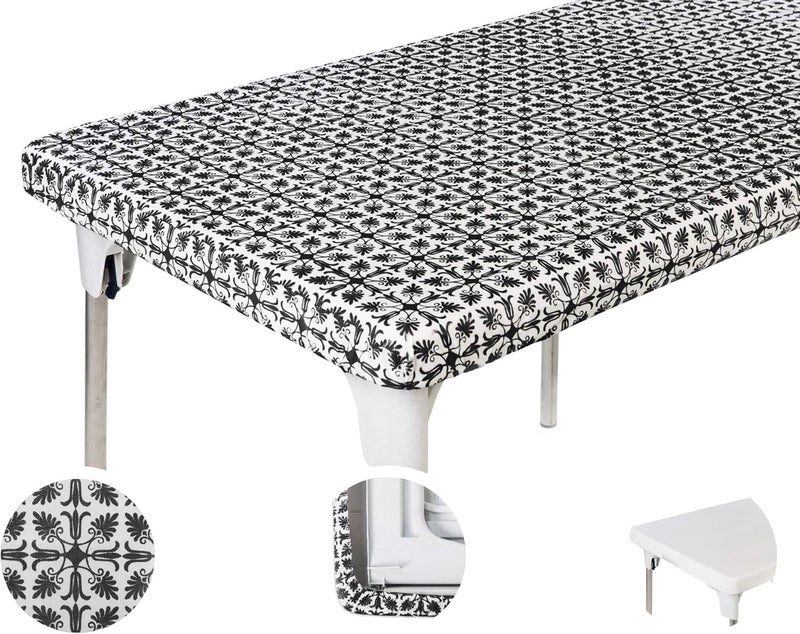 TopTableCloth 5 Foot 60 x 30 inch Black Patterned Tablecloth Elastic Corner Fitted Rectangular Folding Vinyl Table Cover Cloth Xmas Plastic Waterproof Picnic Party Home for Indoor and Outdoor Use - Image 1