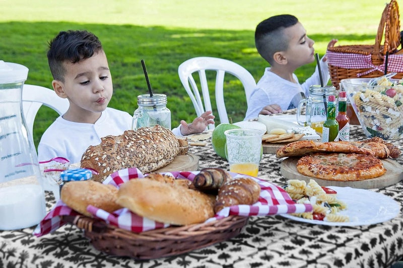 TopTableCloth 5 Foot 60 x 30 inch Black Patterned Tablecloth Elastic Corner Fitted Rectangular Folding Vinyl Table Cover Cloth Xmas Plastic Waterproof Picnic Party Home for Indoor and Outdoor Use - Image 5