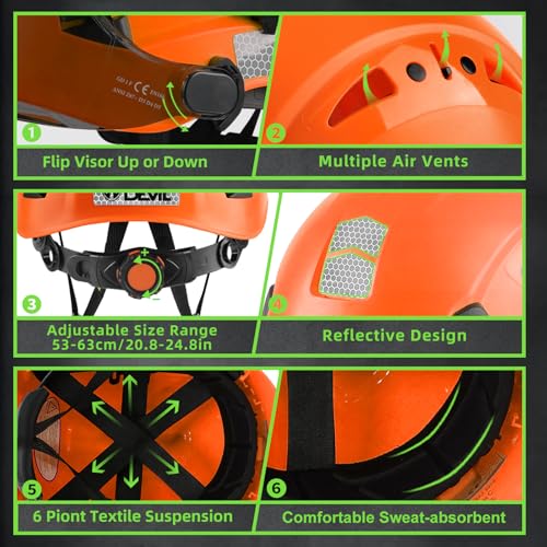 GREEN DEVIL Hard Hat Safety Helmet with Rechargeable Headlamp Light and Visor Ear Muffs Vented Work Hardhat ANSI Z89.1 Cascos De Construccion for Industrial Construction Forestry - Image 4