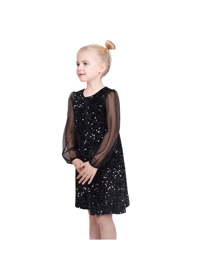 Sunny Fashion Girls Dress Black Sequin Sheer Mesh Long Sleeve Party Elegant Ball Gown Size 8  - Image 4