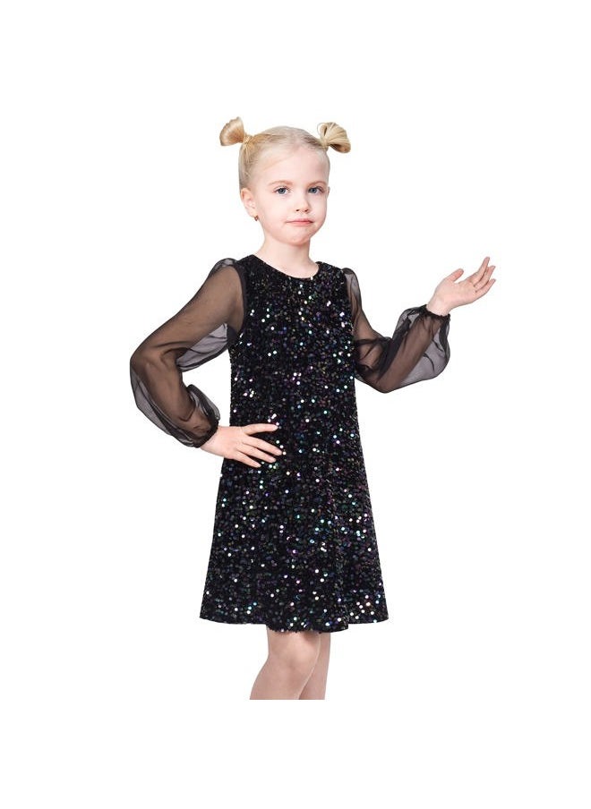 Sunny Fashion Girls Dress Black Sequin Sheer Mesh Long Sleeve Party Elegant Ball Gown Size 8  - Image 2