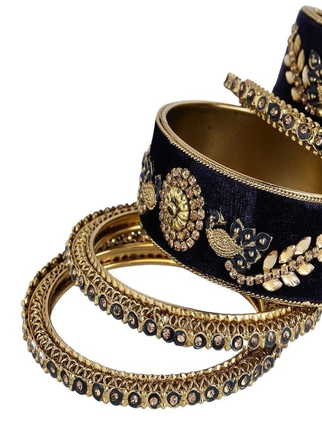 ACCESSHER Traditional Gold Plated Rhinestones and Ethnic Meenakari Embedded Peacock Design Blue Velvet Bangles/Bridal Chooda Set of 6 for Women and Girls (2.4) - Image 4