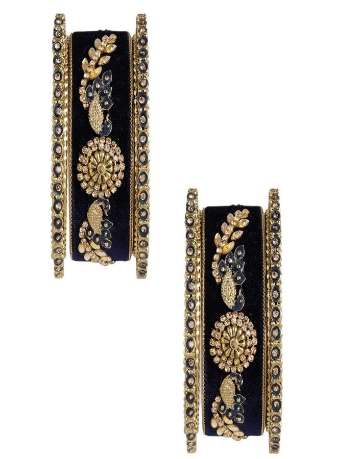 ACCESSHER Traditional Gold Plated Rhinestones and Ethnic Meenakari Embedded Peacock Design Blue Velvet Bangles/Bridal Chooda Set of 6 for Women and Girls (2.4) - Image 1