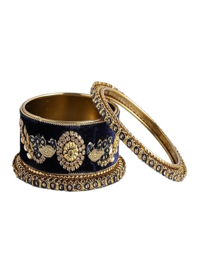 ACCESSHER Traditional Gold Plated Rhinestones and Ethnic Meenakari Embedded Peacock Design Blue Velvet Bangles/Bridal Chooda Set of 6 for Women and Girls (2.4) - Image 3