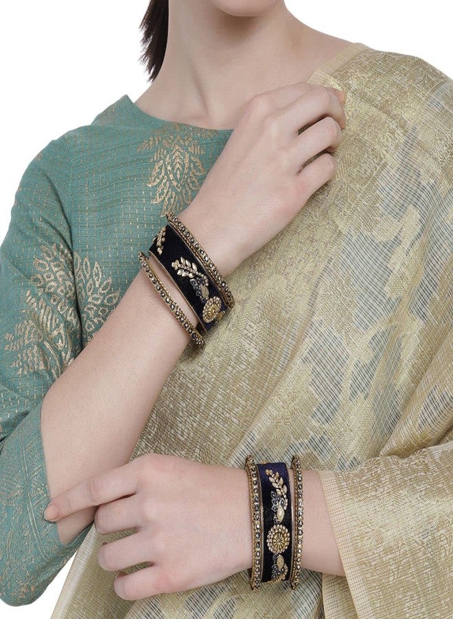 ACCESSHER Traditional Gold Plated Rhinestones and Ethnic Meenakari Embedded Peacock Design Blue Velvet Bangles/Bridal Chooda Set of 6 for Women and Girls (2.4) - Image 2