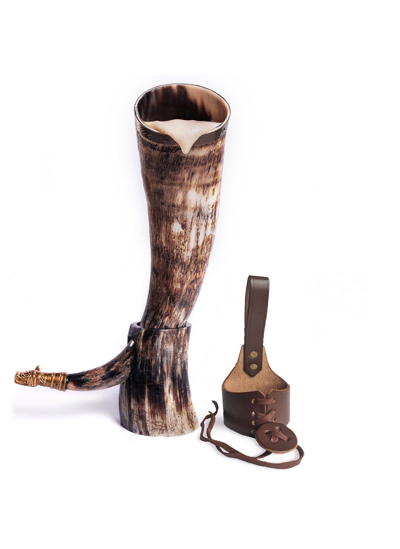 Norse Tradesman Norse Tradesman Genuine OxHorn Viking Drinking Horn 20Inches Fitted Stand  Gift Sack  The Fenrir Antique Brass Rim  Wolf Tip Low Polish 