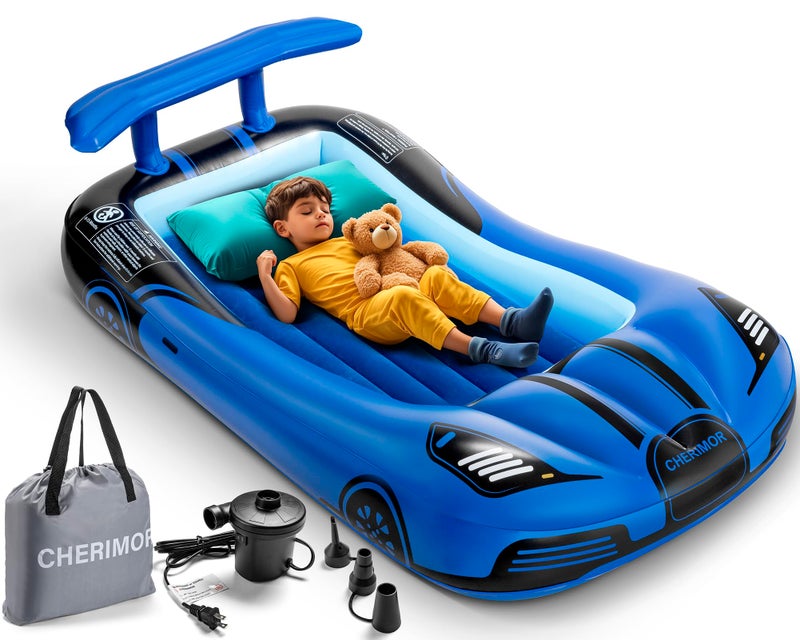 CHERIMOR Inflatable Toddler Travel Bed with Safety Bumpers & 2 Mins Auto Inflation Pump, Portable Toddler Kids Air Mattress with Carry Bag for Home Grandma's Sleepovers Travel Camping, 330lbs Support - Image 1