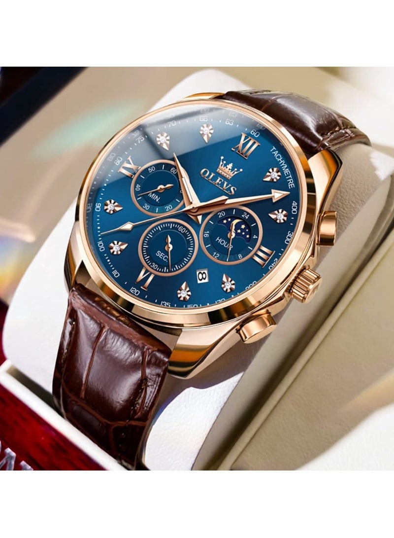 OLEVS Men Watch Leather Strap Moon Phase Casual Classic Analog Quartz Calendar 3ATM Waterproof Luminous Men Wrist Watches - Image 2