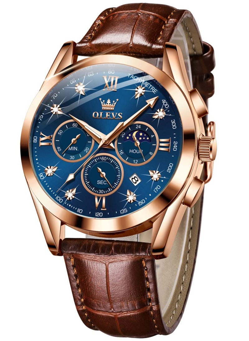 OLEVS Men Watch Leather Strap Moon Phase Casual Classic Analog Quartz Calendar 3ATM Waterproof Luminous Men Wrist Watches - Image 1