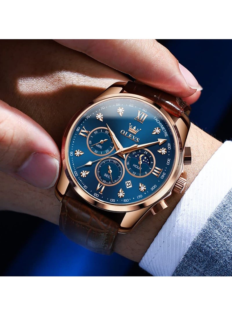 OLEVS Men Watch Leather Strap Moon Phase Casual Classic Analog Quartz Calendar 3ATM Waterproof Luminous Men Wrist Watches - Image 3