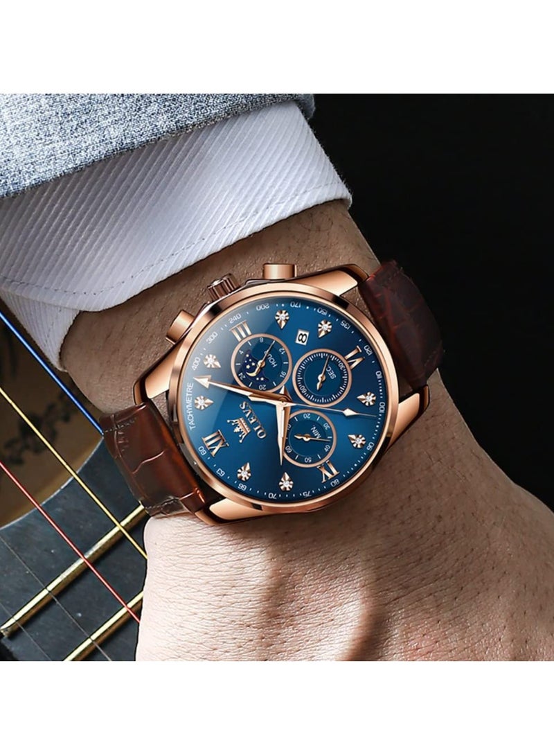 OLEVS Men Watch Leather Strap Moon Phase Casual Classic Analog Quartz Calendar 3ATM Waterproof Luminous Men Wrist Watches - Image 4