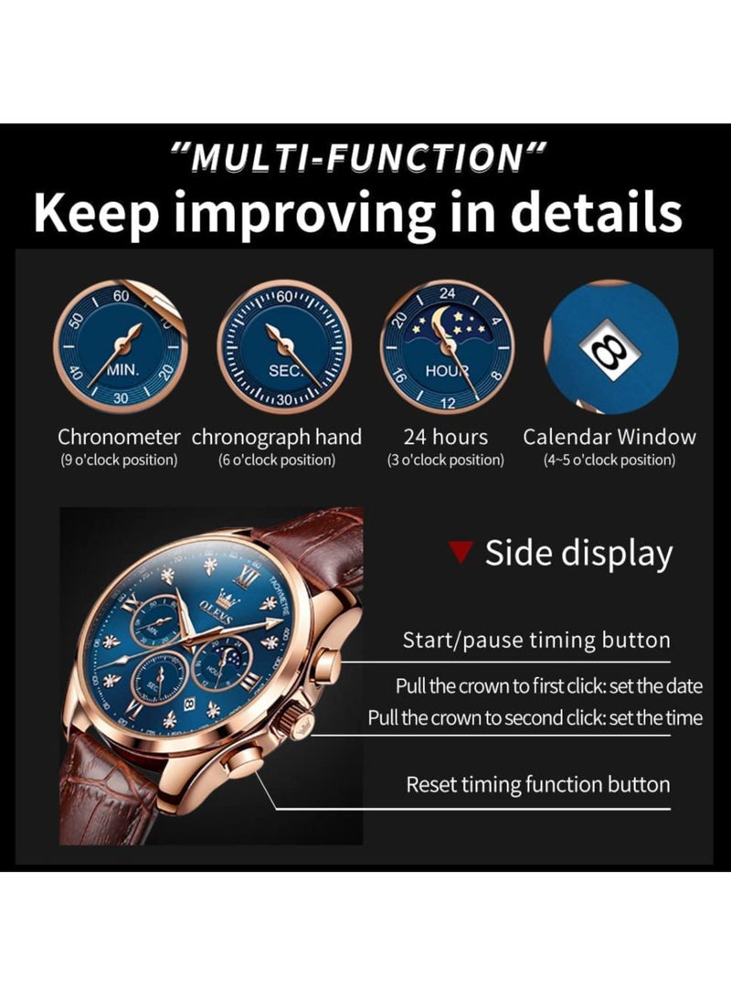 OLEVS Men Watch Leather Strap Moon Phase Casual Classic Analog Quartz Calendar 3ATM Waterproof Luminous Men Wrist Watches - Image 5