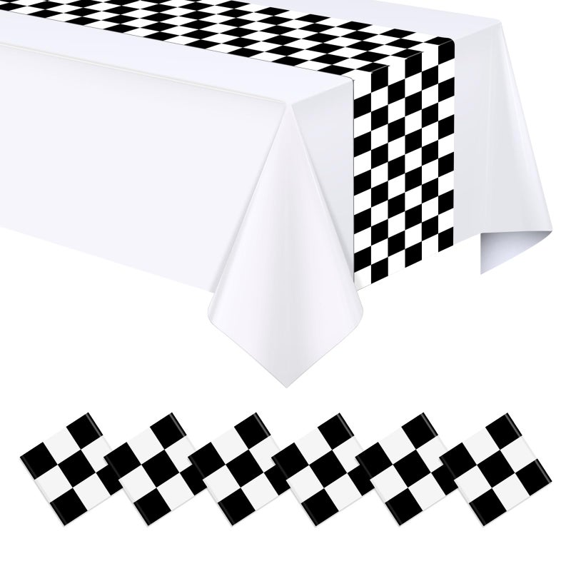 Hallswl 6pcs Black and White Checkered Table Runners,Waterproof Plastic Plaid Table Runner for Dining Table Kitchen Modern Home Decor Indoor Outdoor Party Decorations,14 x 108 Inch - Image 1