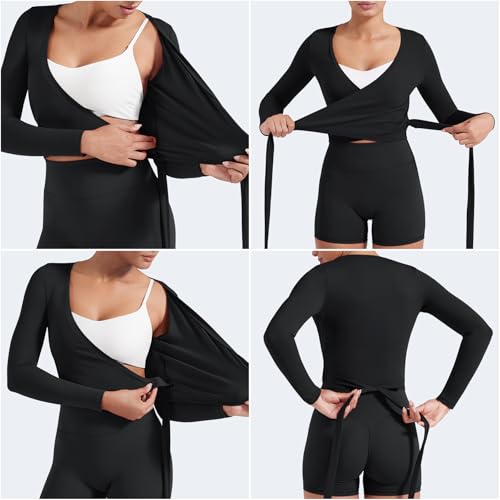YEOREO Ease Women Pilates Wrap Top Long Sleeve Self Tie Ballet Workout Yoga Dance Shirt Y2K V Neck Cropped Tops Black L - Image 3