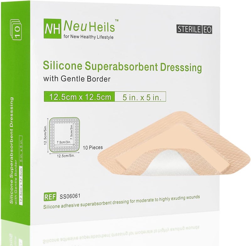 NeuHeils Silicone Super Absorbent Wound Dressing 5''x5'' 10 Packs, Self-Adhesive Waterproof Bandage with Ultrasorb Polymer Pad for Heavy Exudates Wound